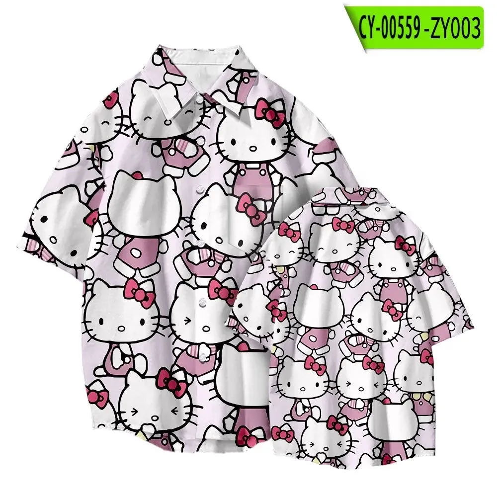 Sanrio Hello Kitty Printed Shirt Cardigan Cartoon Harujuku Summer Beach Overall Shirts Girls Women Oversize Loose Streetwear Top