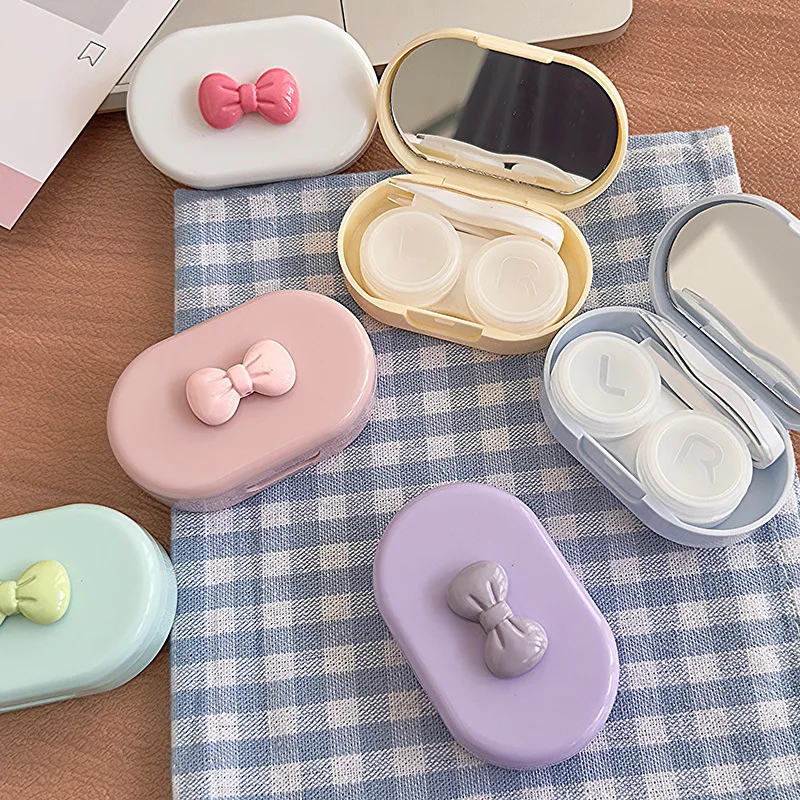 علبة عدسات لاصقة على شكل فيونكة مع مرآة صغيرة محمولة للعناية بالعيون، صندوق حاوية عدسات لاصقة، مجموعة أدوات السفر، منظم إكسسوارات النظارات #4