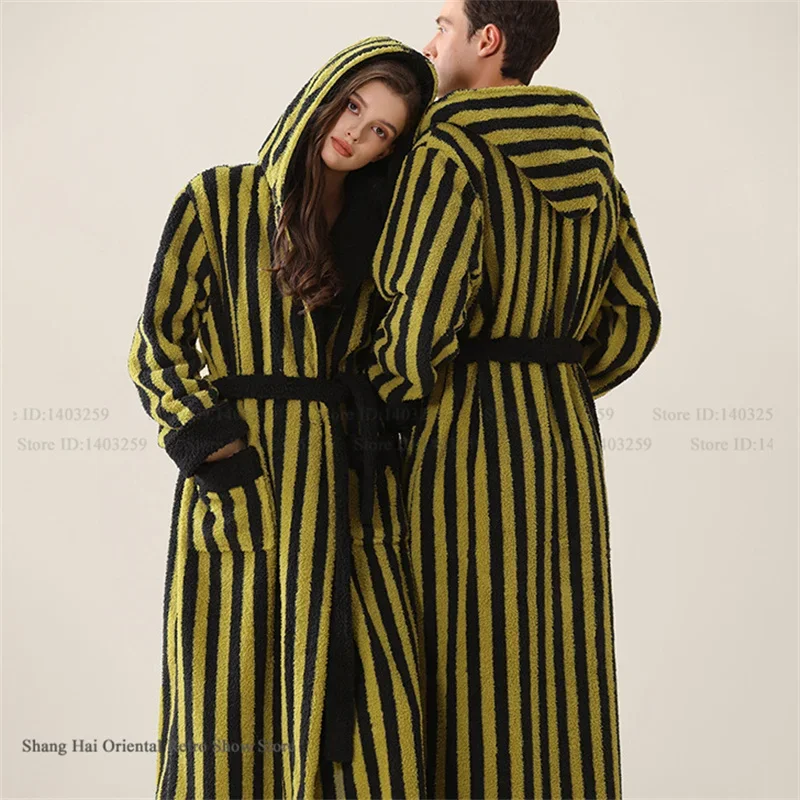 

Autumn Winter New Couple Long Robe Flannel Stripe Sleepwear Home Clothes Loose Hooded Bathrobe Nightwear Coral Fleece Loungewear