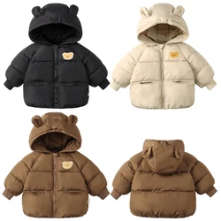 Winter Autumn Baby Boys Jacket Solid Color Cartoon Bear Print Thick Hooded Coats For 2-6 Years Kids Warm Down Cotton Snowsuit