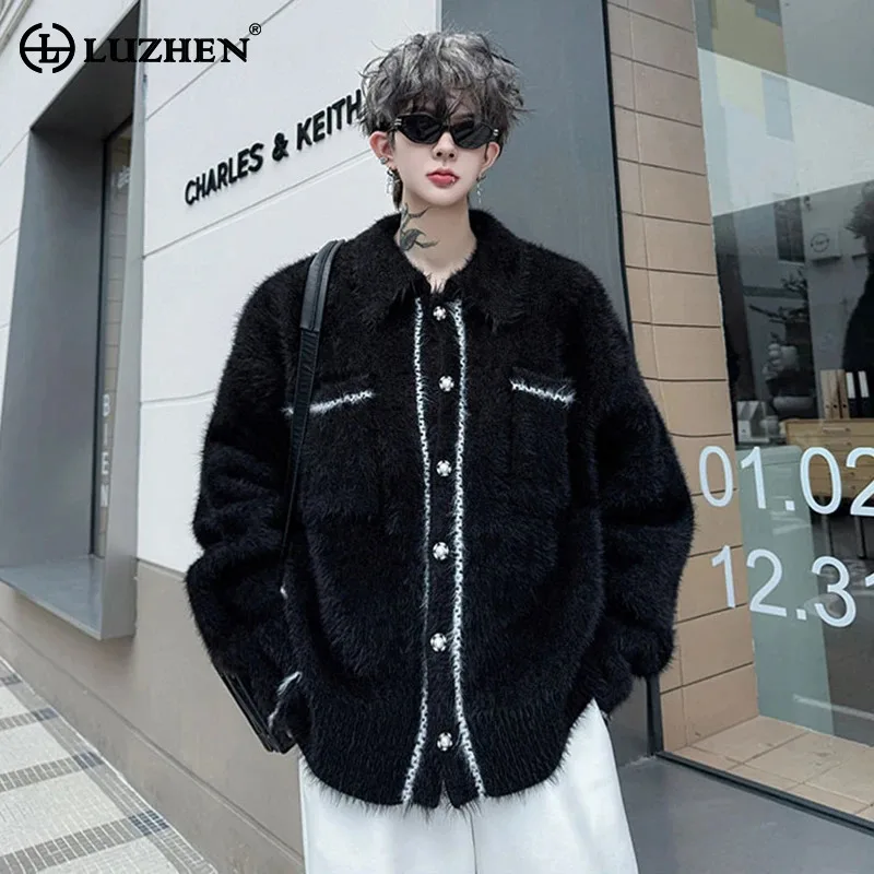 

LUZHEN цветной контрастный край, элегантный красивый вязаный кардиган, мужской зимний модный свободный свитер высокого качества 2025 года JY4854