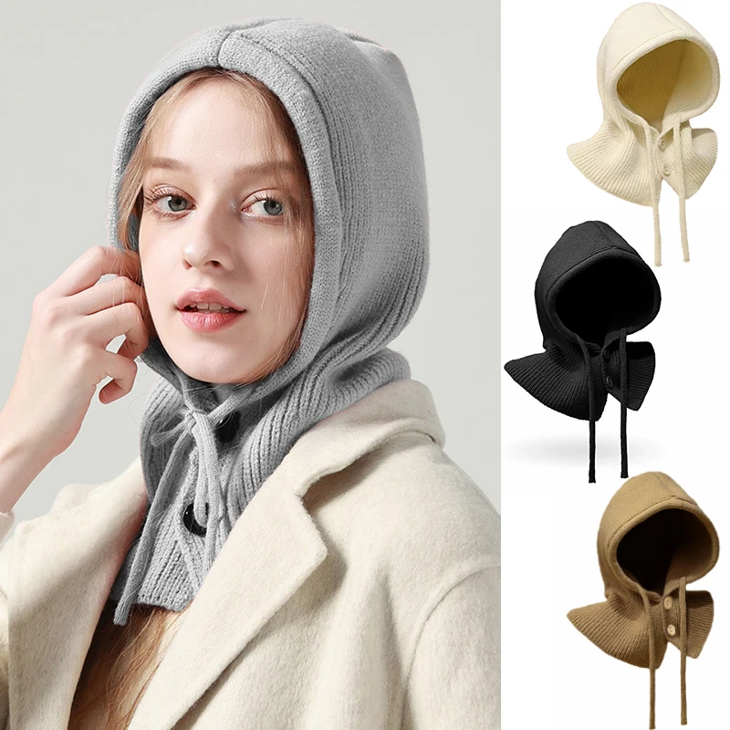 Berretti con cappuccio lavorati a maglia invernali Stile coreano Scaldino esterno Berretti con collo in un unico pezzo Cappelli con coulisse Cappello unisex Sciarpa Set Passamontagna Cap