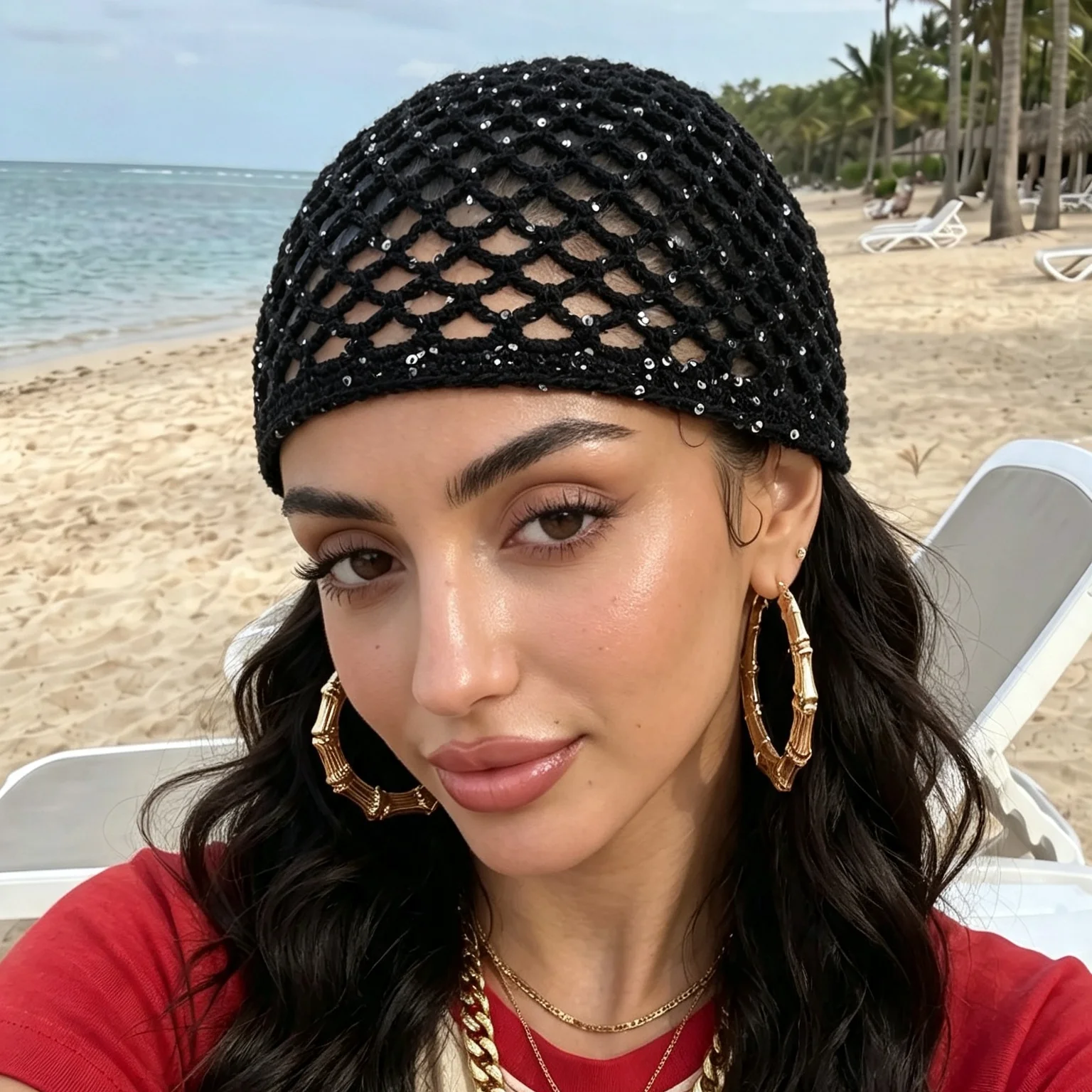 Sequined Crochet Hat Women Summer Shiny Hollow Pullover Hat Boho Style Knitted Hat Beach Fishnet Turban Hat Fashion Beanie Hat
