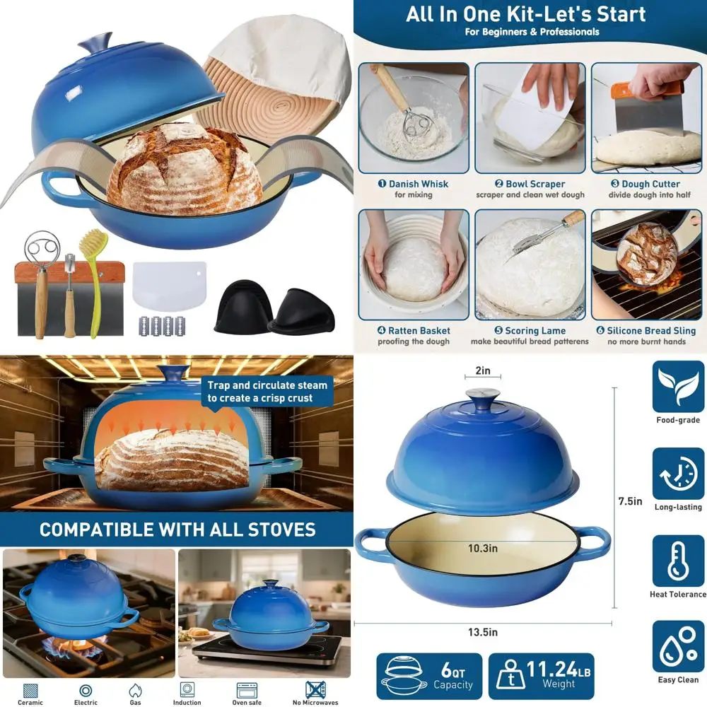 

Multi-Functional 6-Quart Dutch Oven with Cast Iron Bread Oven, Proofing Basket, Silicone Sling, and Dough Whisk for Baking Perfe