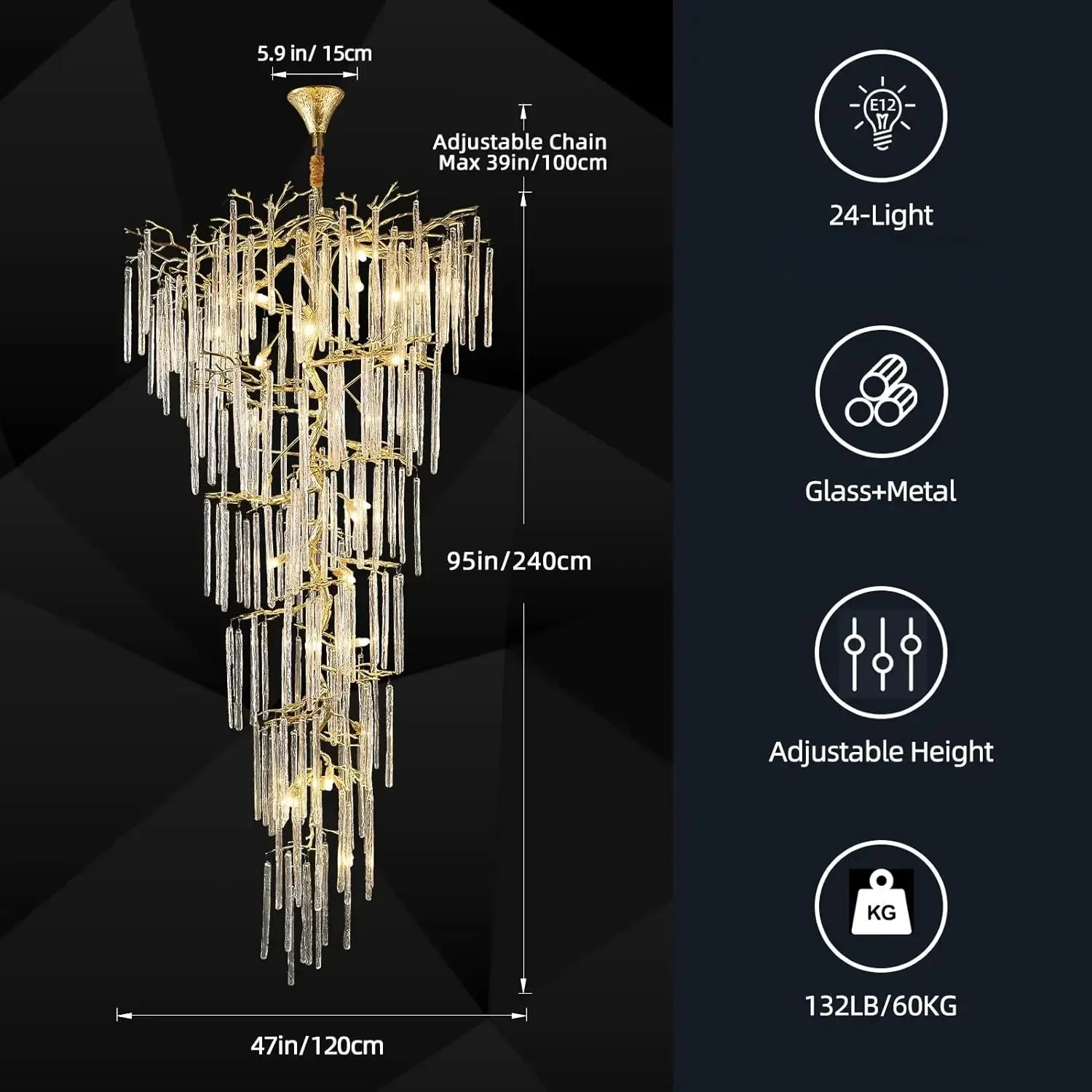 Crystal Branch Ceiling Chandelier For Staircase Loft Luxury Gold High Ceiling Stairway Crystal Chandelier