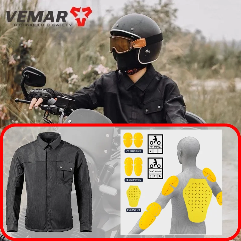 Retro Motorcycle Cycling Jersey Men Breathable Motocross Jacket With CE1 5pcs Protective Pad Motorbike Jacket Wear-resistant