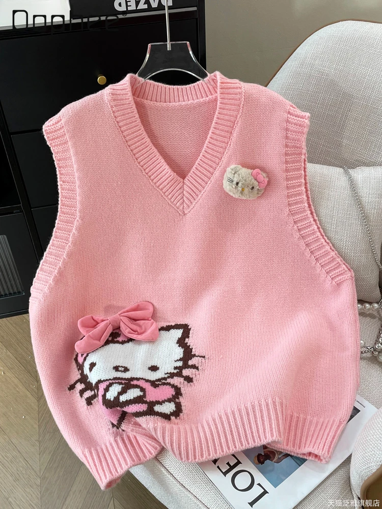 

Cartoon Cat Sweet Knitted Vest for Women's Spring and Autumn Wear 2024 New Loose Vest Sleeveless Sweater Jacket Kawaii Clothes