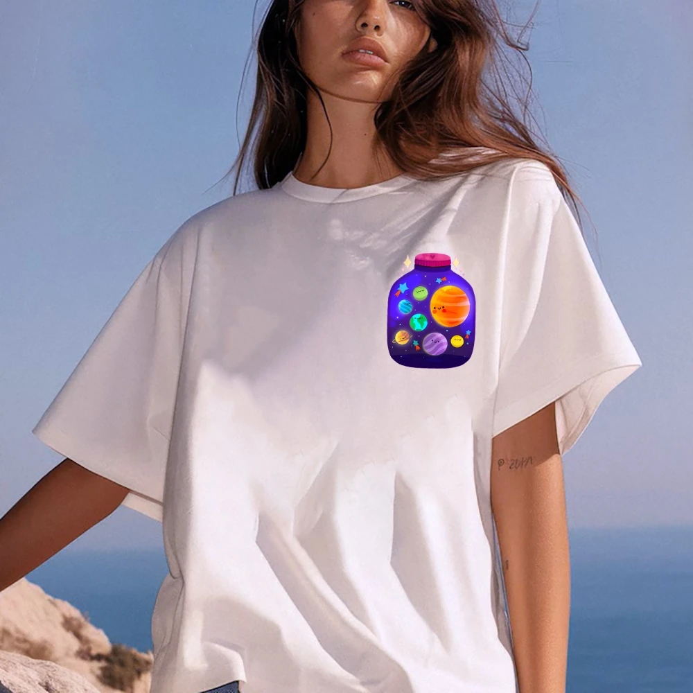 Space Fans Cotton T shirt Jar Planet Pattern Casual Loose Short Sleeved Summer Creative Unique Attractive Comfortable Top