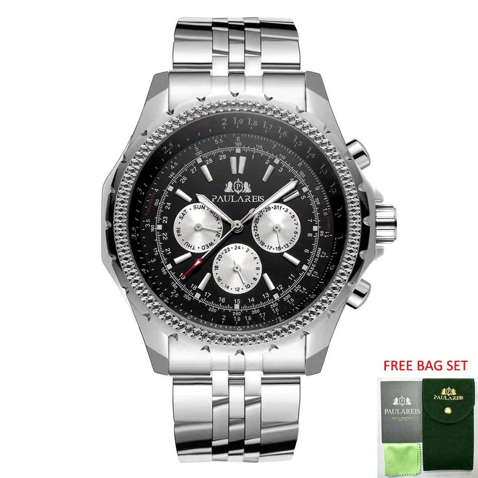 التلقائية الميكانيكية حركة الرياح الذاتية أزياء رياضية أزرق أسود أبيض الطلب أزياء الرجال ووتش