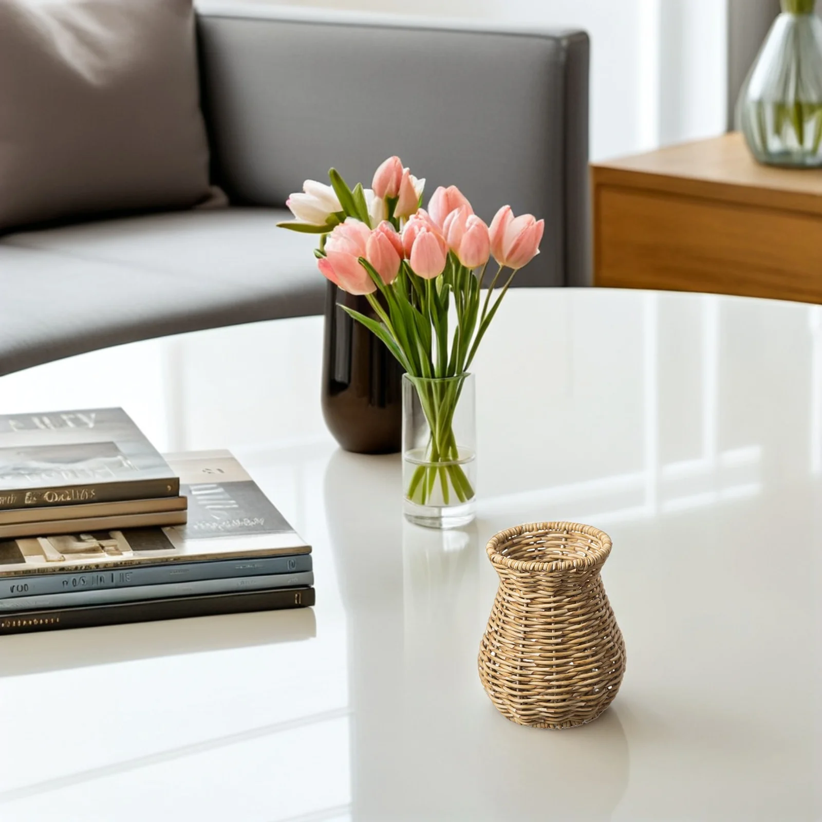 

2Pcs Imitation Rattan Vase Hand Woven Farmhouse Style Dried Flower Holder for Living Room Shelf Decor Aesthetic Plant Container