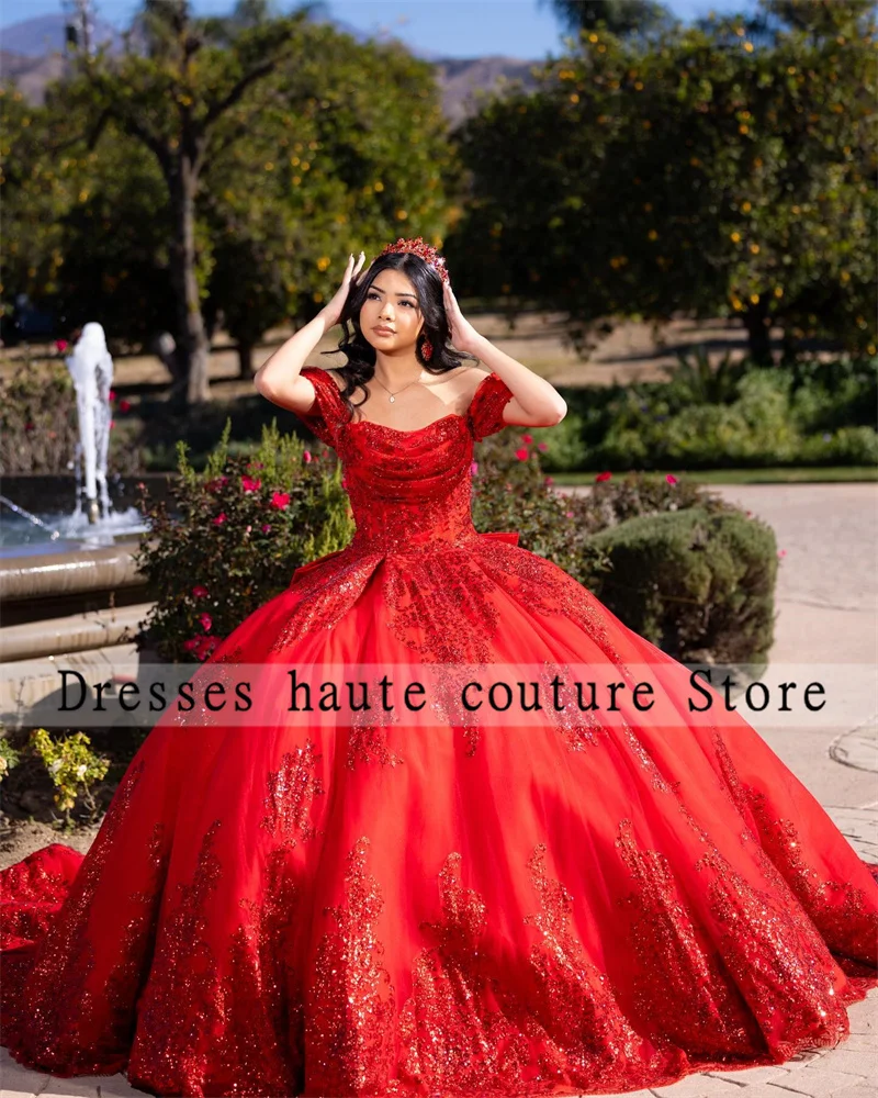 カスタマイズされたメキシコのQuinceaneraドレス,赤いレースのアップリケ,ボールガウン,ビーズのコルセット,弓,16ドレス,15歳,25歳,2025