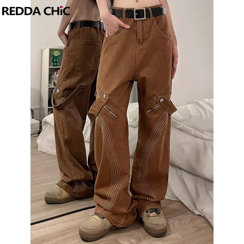 

ReddaChic Deconstructed Belt Cargo Jeans Women Embroidery White Line Low Rise Wide Leg Straight Baggy Jeans Hiphop Retro Clothes