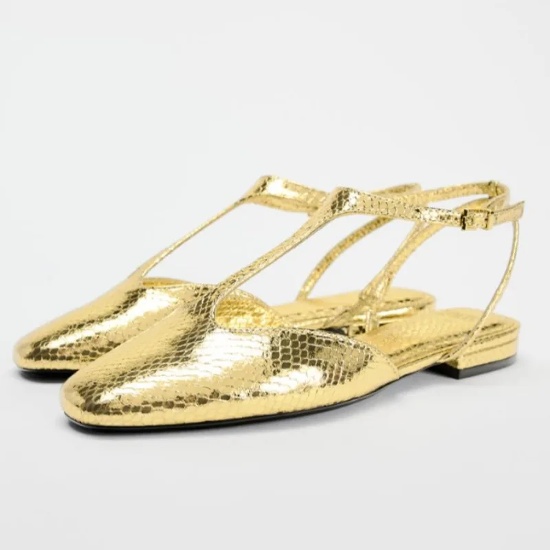 2025 Spring Women Slingback Flats Designer Buckle Ankle Strap Fashion Gold Black Large Size Comfortable Ladies Mary Jane Shoes