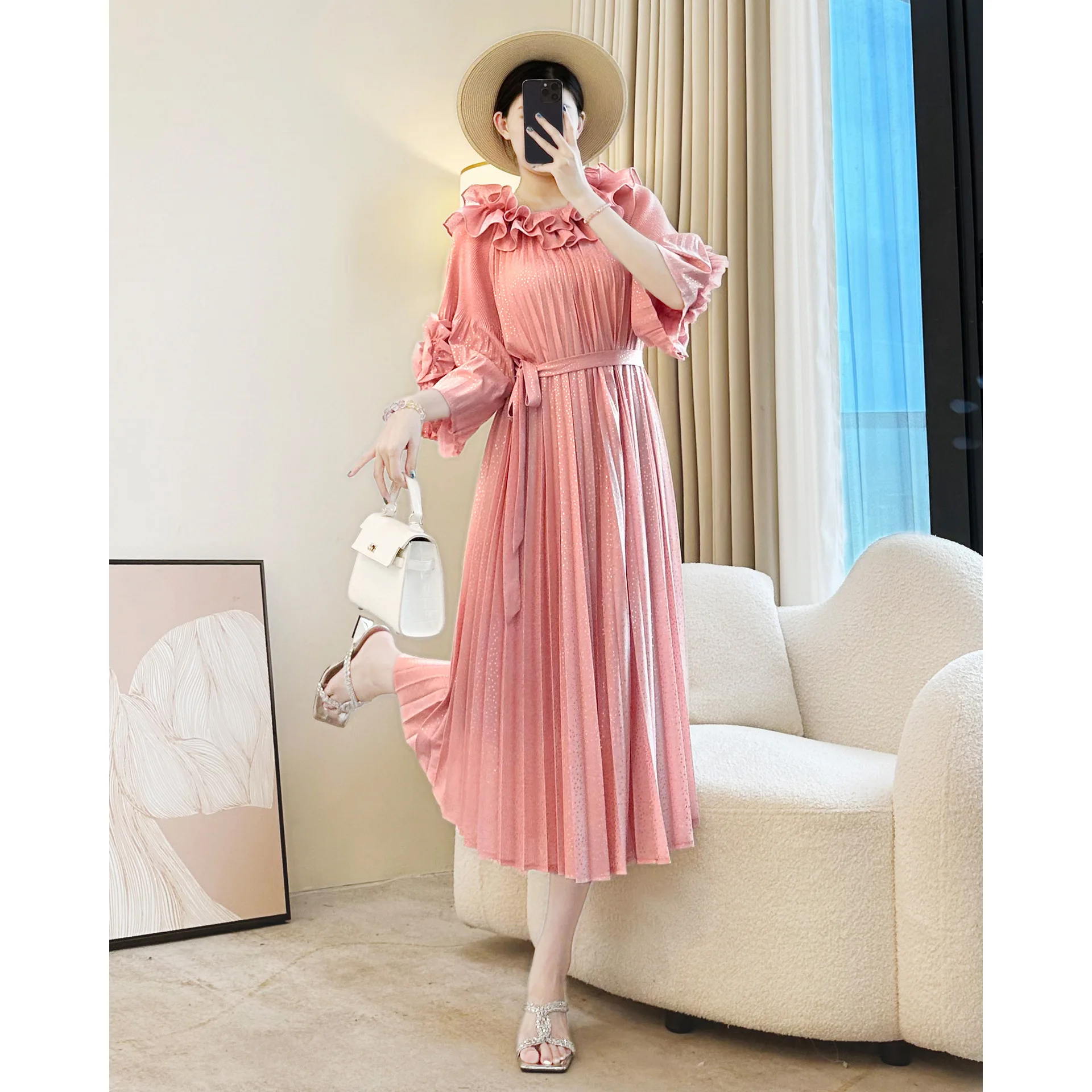 Herfstmode Miyake Geplooide Losse Jurk Effen Kleur Elegante Zevenkwart Mouw Dameskleding Middellange en Lange Jurk