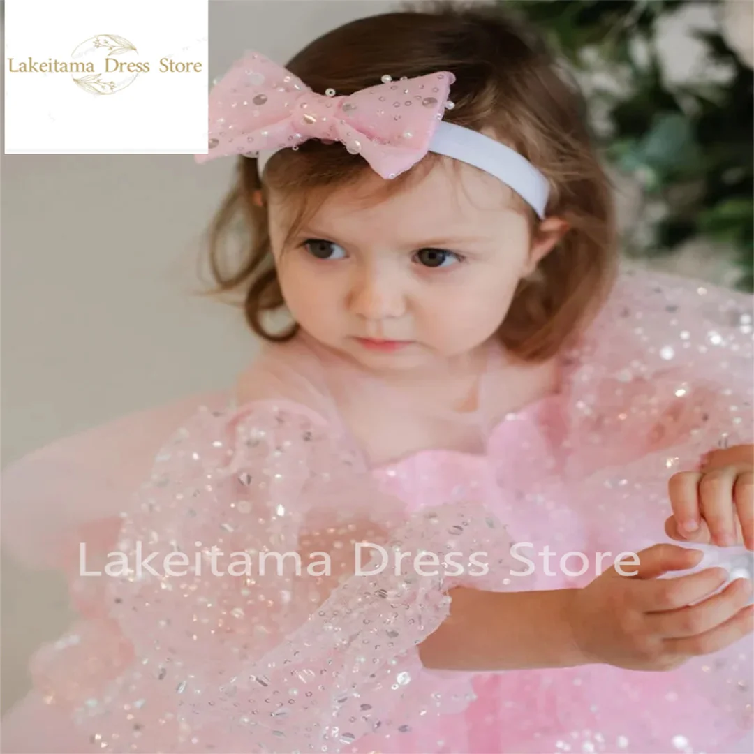 

Light Pink Shining Flower Girl Dress For Wedding Sequins With Bow Puffy Kids Birthday First Communion Princess Ball Gowns