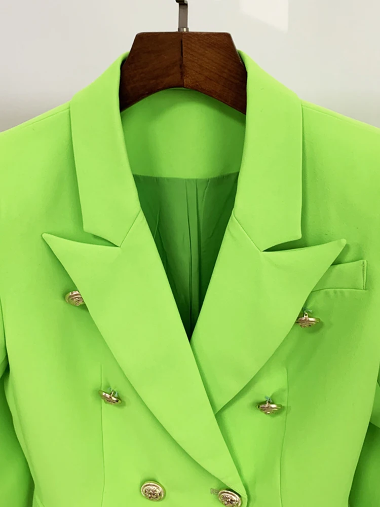 HIGH STREET Newest 2024 Designer Jacket Women\'s Classic Metal Lion Buttons Double Breasted Slim Fitting Blazer Neon Green