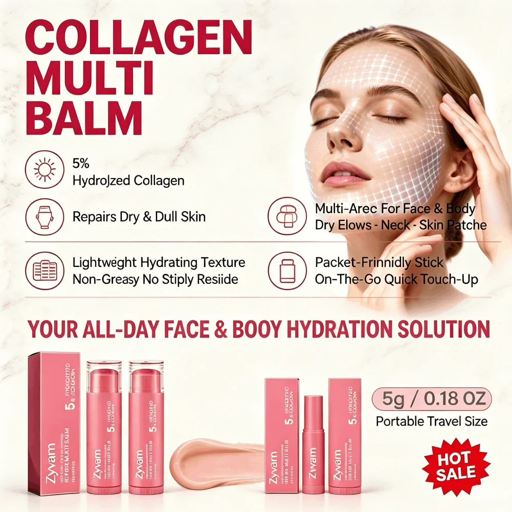 Pink Collagen Hydrating Repair Balm Stick Portable Moisturizing For Lips Face Elbow Cuticle Dry Skin Daily Skin Care