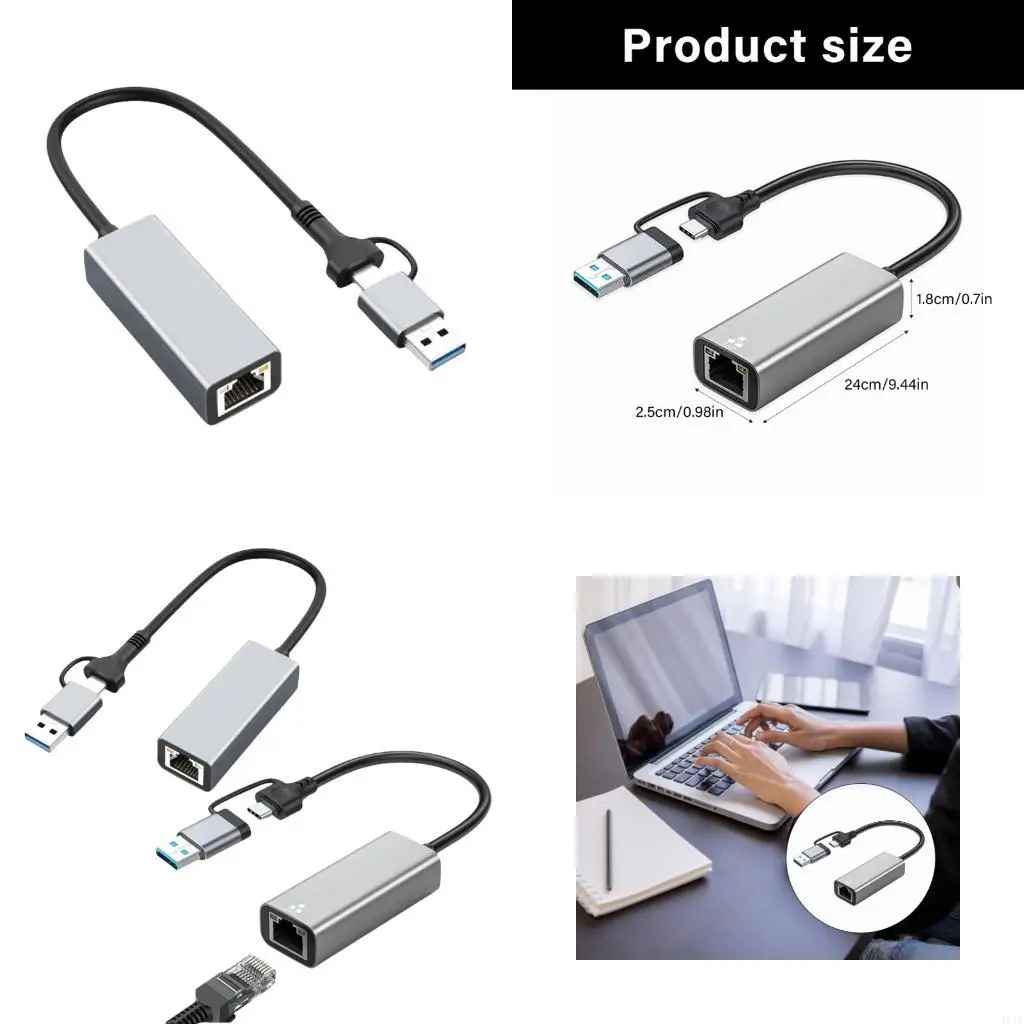 

4X7E Two Head USB C A Gigabit Ethernet Converters 1/2.5Gbps Fast Transfer Portable Metal