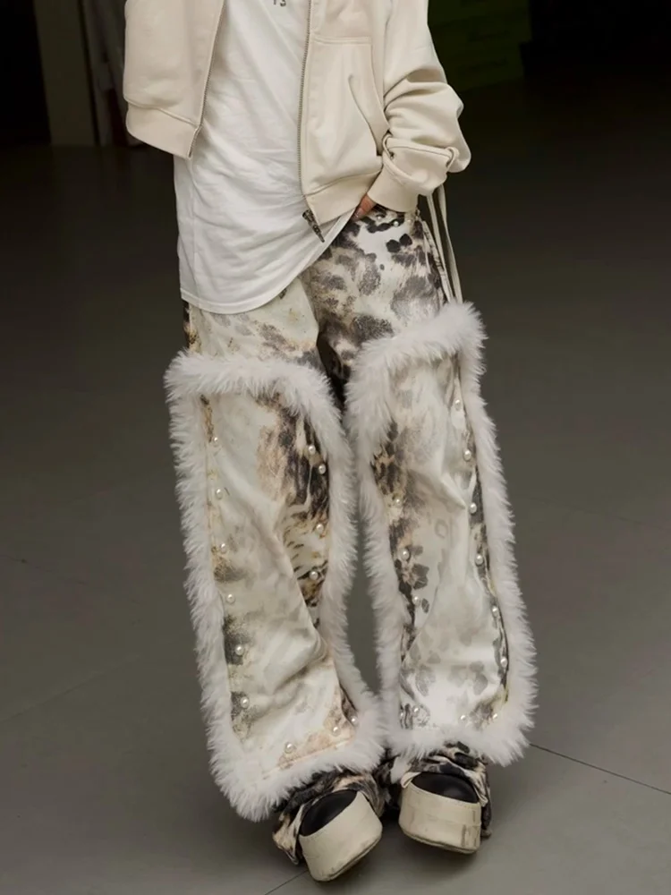 

Модные женские джинсы в стиле ретро с леопардовым принтом и цифровой печатью, с шерстяными вставками, в пол, для уличного стиля