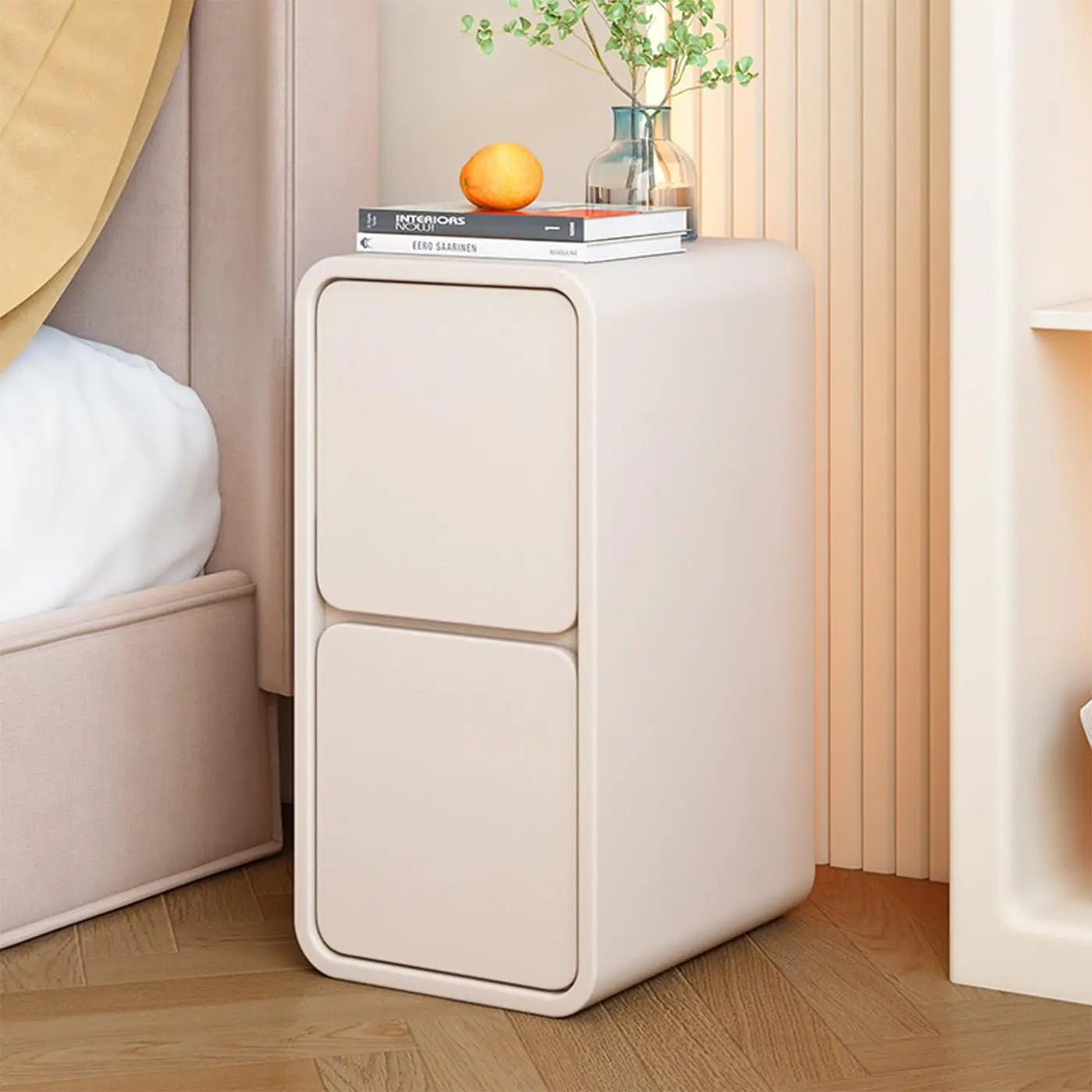 منضدة خشبية ضيقة مع درجين، طاولة بجانب السرير حديثة في منتصف القرن، حامل ليلي أبيض، منضدة صغيرة مع سطح جلدي #3