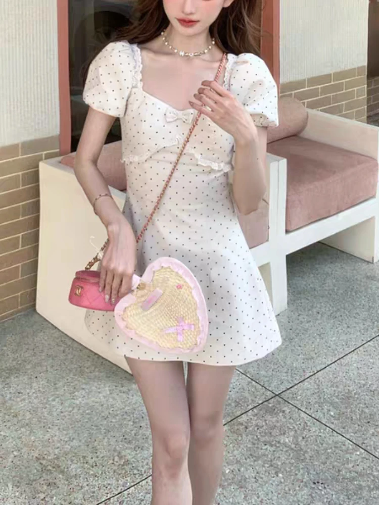 France Hepburn Polka Dot Party Mini Dress Women Elegant Sweet Lace Slim Streetwear Dresses Fashion Chic Bow Short Sleeve Clothes
