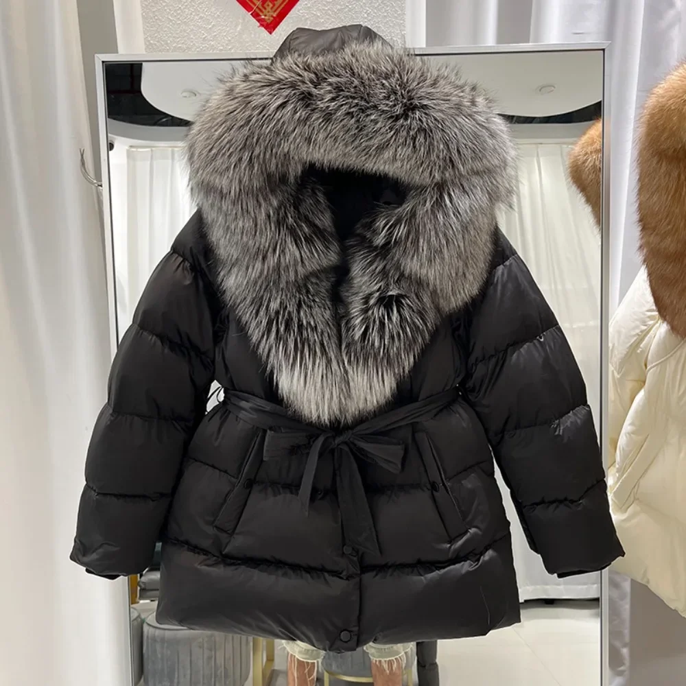 Oftbuy novo inverno real jaqueta de pele de raposa feminina grande gola de pele de raposa real outono natural grosso quente pato para baixo casaco curto outerwear