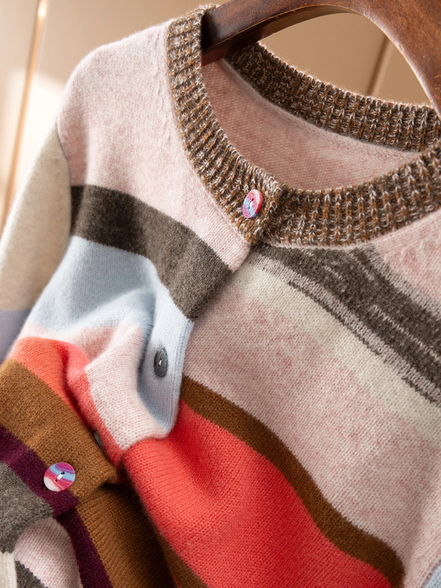 Cardigan Colored Stripes 100 Merino Wool Crew Neck Inlaid Sweater  Women's 91E8 Sueters De Mujer Casaco Feminino