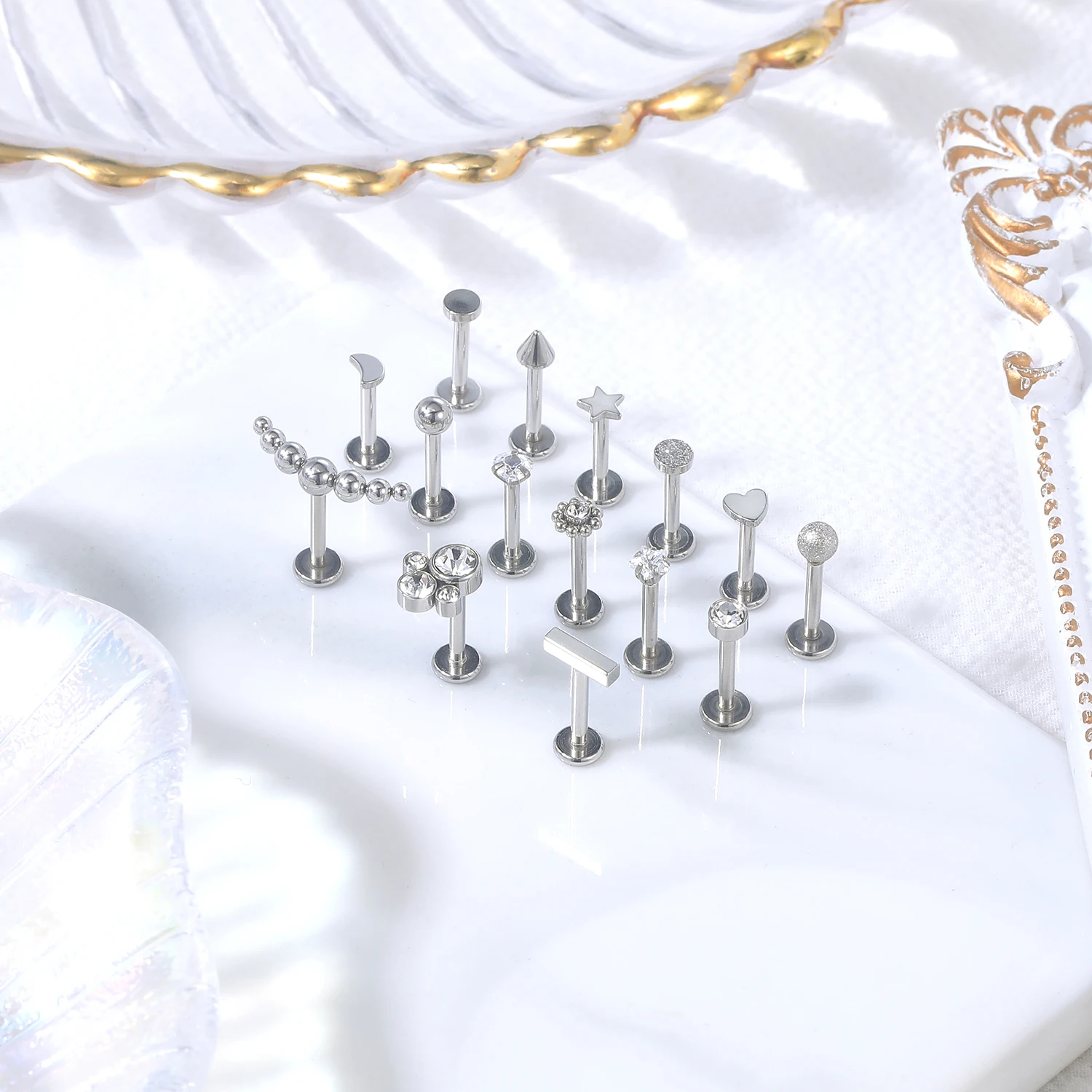 ZS 1PC 16G Rose Gold Plated Helix Piercing Earring Zircon Lip Stud Star Moon Labret Piercing Jewelry Crystal Lip Body Jewelry