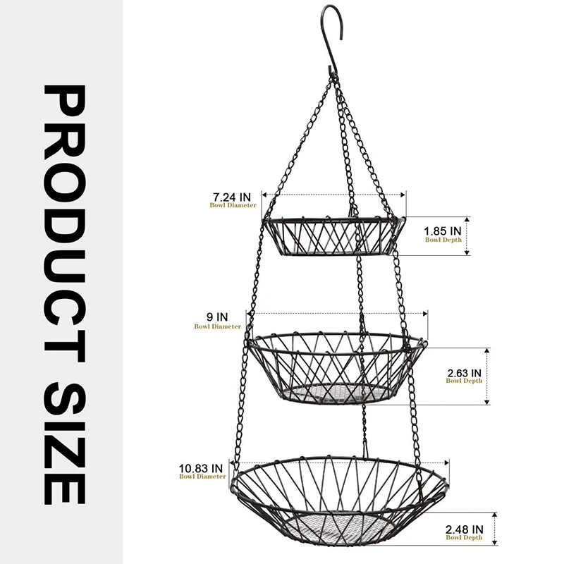 Hanging Fruit Basket 3 Tiers,Vegetable Basket Space Saving, Rustic Country Style Kitchen Storage Baskets,Wire Organizer