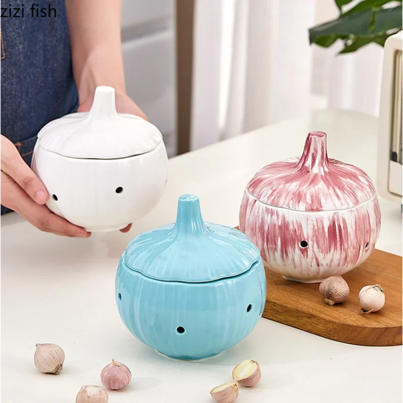 Hollow Ceramic Pot Onion Shape Storage Tank Kitchen Storage Box Mildew Prevention Ginger Garlic Pot Storage Bottle Organizer