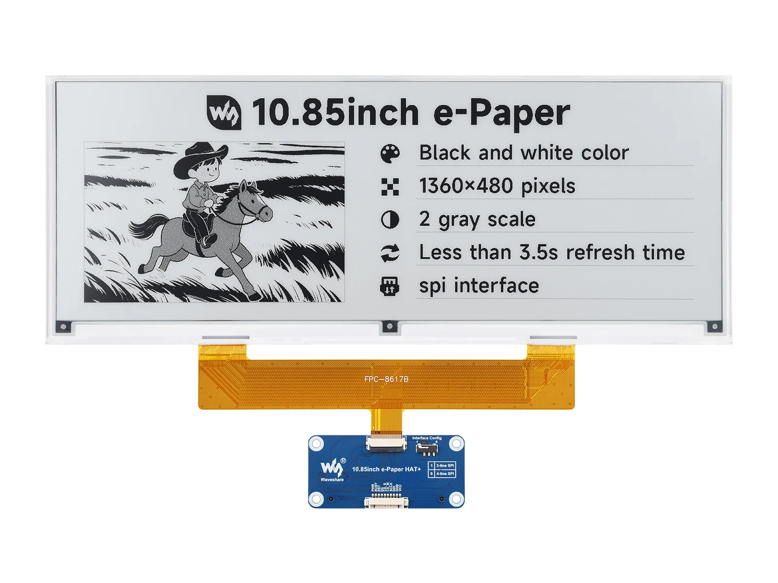 

0.85inch e-Paper display, e-ink display, 1360 × 480, Black / White, SPI Interface,Paper-Like Effect Without Electricity