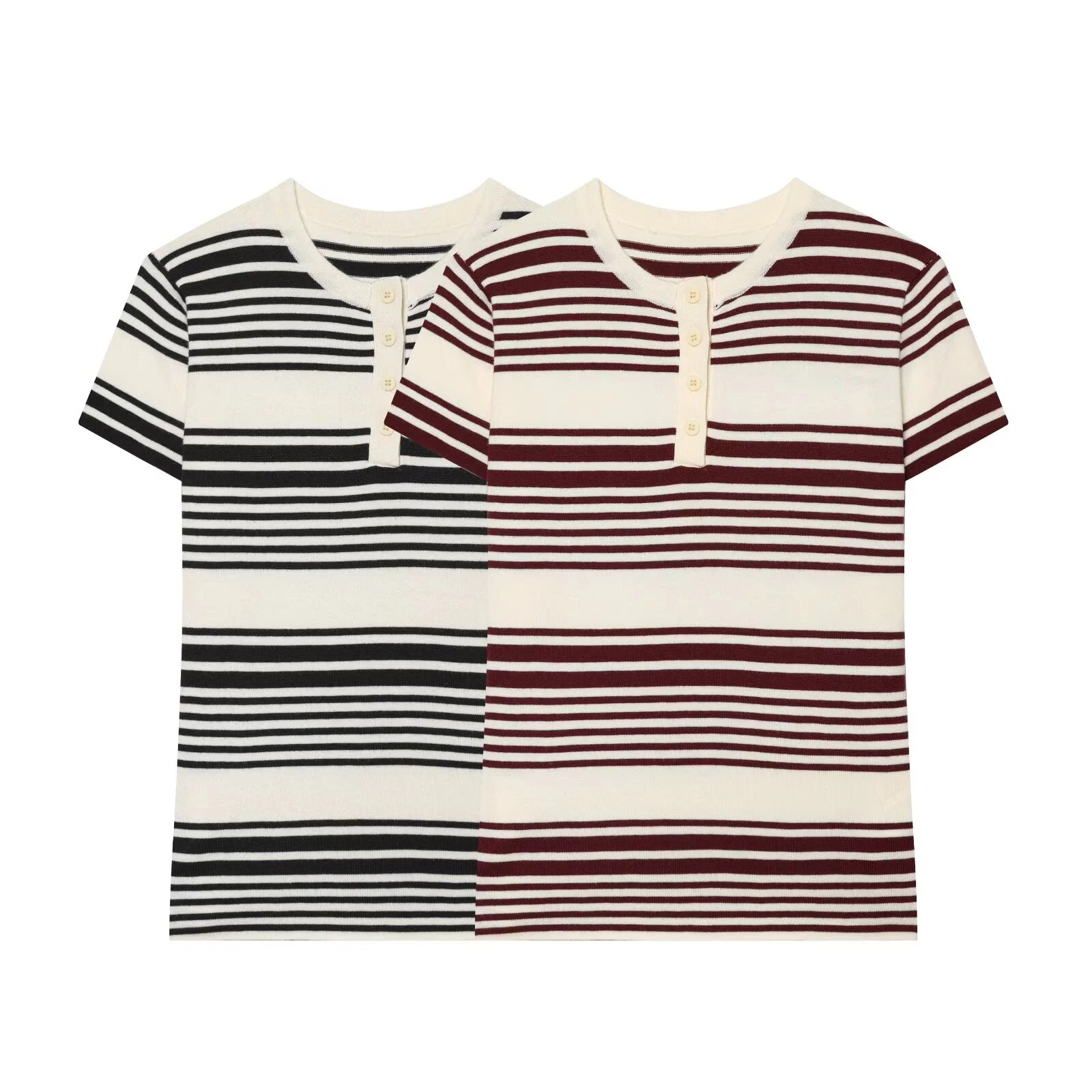 

ZHIO 2026 vintage striped style women's short sleeved knitted sweater with round neck button down T-shirt for commuting