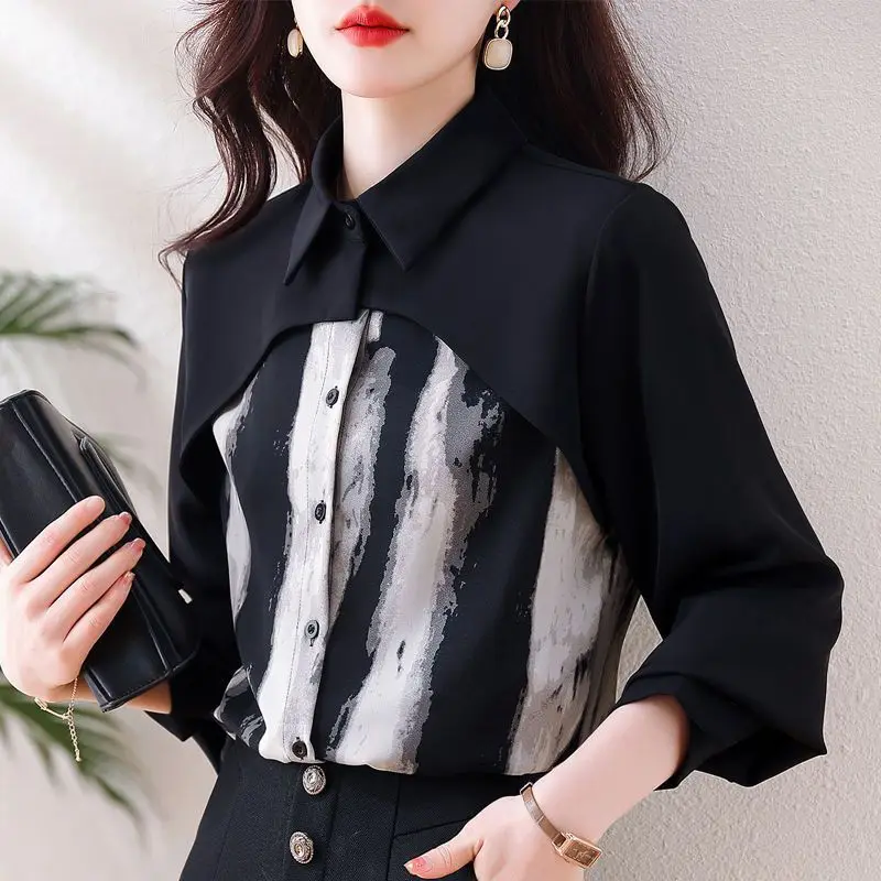 Immagine 3: Camicie lunghe polo patchwork vintage graziose da donna Primavera Estate Lady Chiffon Moda Camicetta nera 2025 Nuove magliette femminili