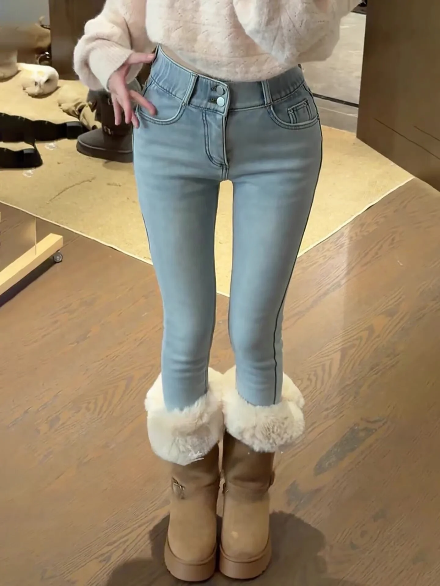

High Waist Fce Lined Stretchy Denim Jeans Women's Slimming Butt Lifting Casual Cotton Elastic Waist Slim Fit Ankle Length