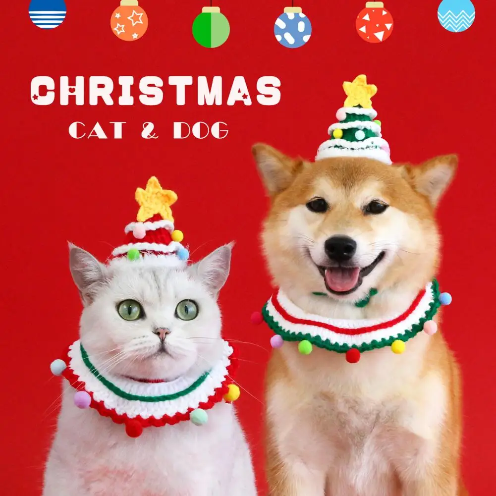 Corbatas para mascotas con estilo, conjunto de disfraz navideño tejido a mano para mascotas, Collar para perro, sombrero, Collar de punto, bufanda, sombrero de Papá Noel, Cosplay para nuevo para perros