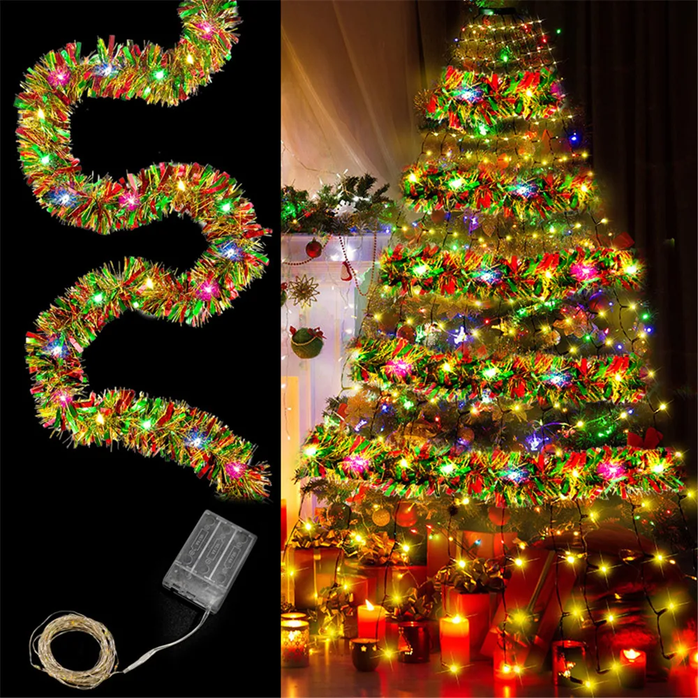 1pc Thick Dingion Christmas Garland - 16 Ft Metallic Shiny Tinsel with LED Lights for Tree Decoration - Indoor Outdoor Xmas