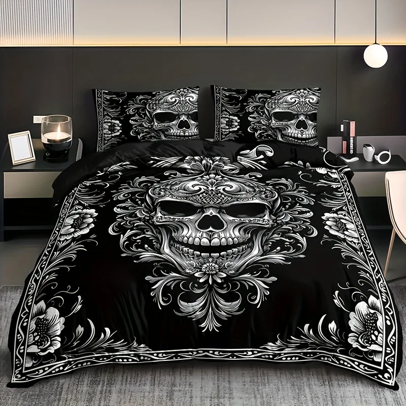 

Gothic Skull Duvet Cover Set Queen Size, Black and White Skull Bedding Set for Boys Teens Men, Retro Floral Comforter Covers Set