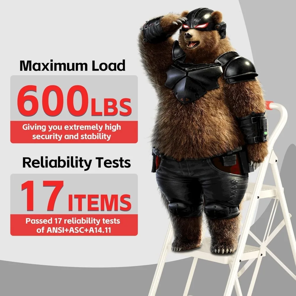 سلم قابل للطي بوزن 600 رطل شديد التحمل مع درابزين - مقعد طويل ممتد بثلاث خطوات للبالغين في المطبخ المنزلي