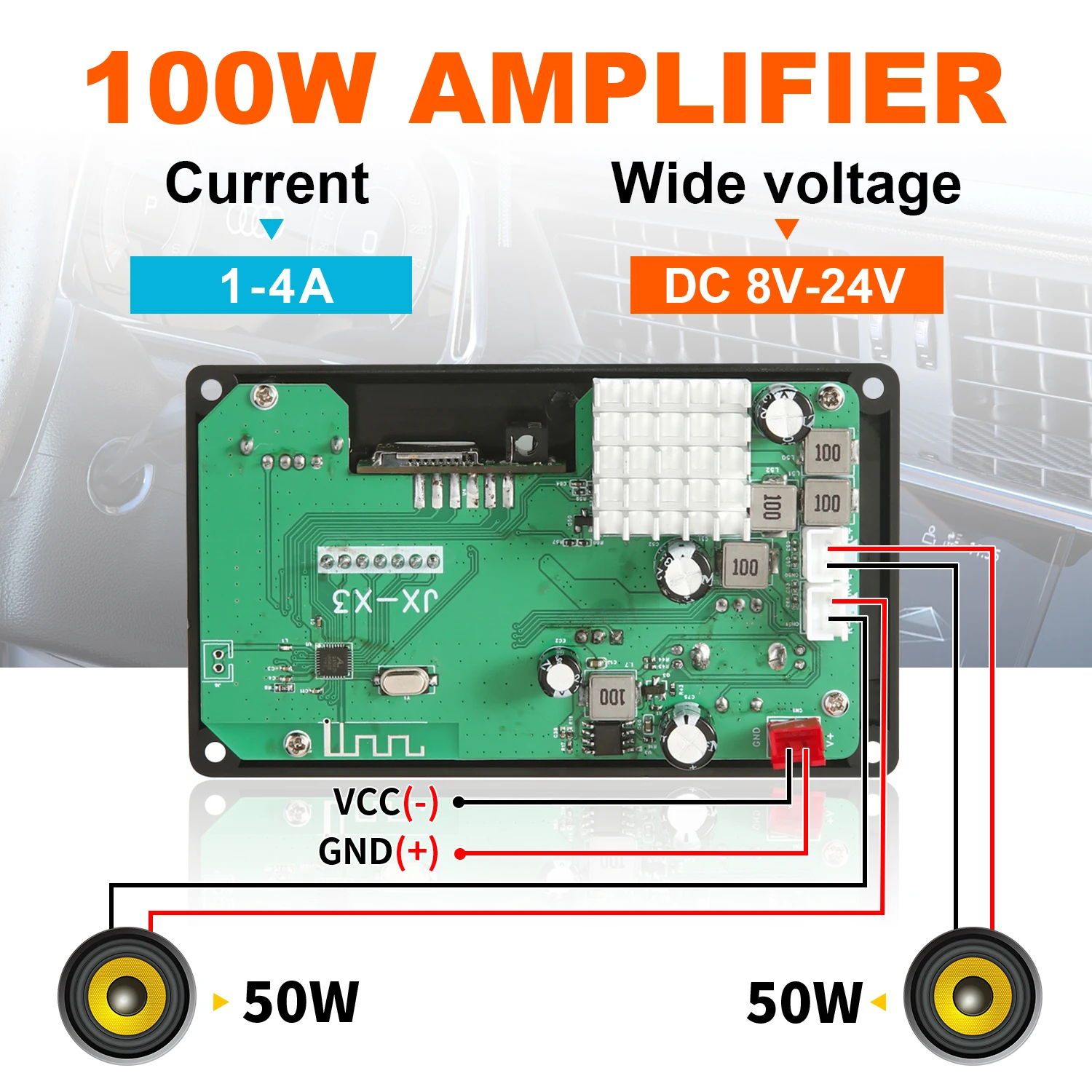 100W Bluetooth 5.1 Car Kit, 2×50W Stereo Amplifier Board with Mic, USB/TF/FM/AUX & Remote, DC8-24V for Car Home DIY