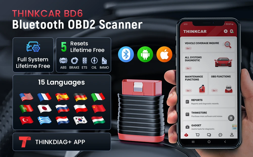 Lebenslanges kostenloses Update THINKCAR BD6 OBD2 Scanner, Diagnosegerät für alle Systeme, 5 Reset-Dienste kostenlos für 120 Automarken, Auto-VIN. – Detail 1