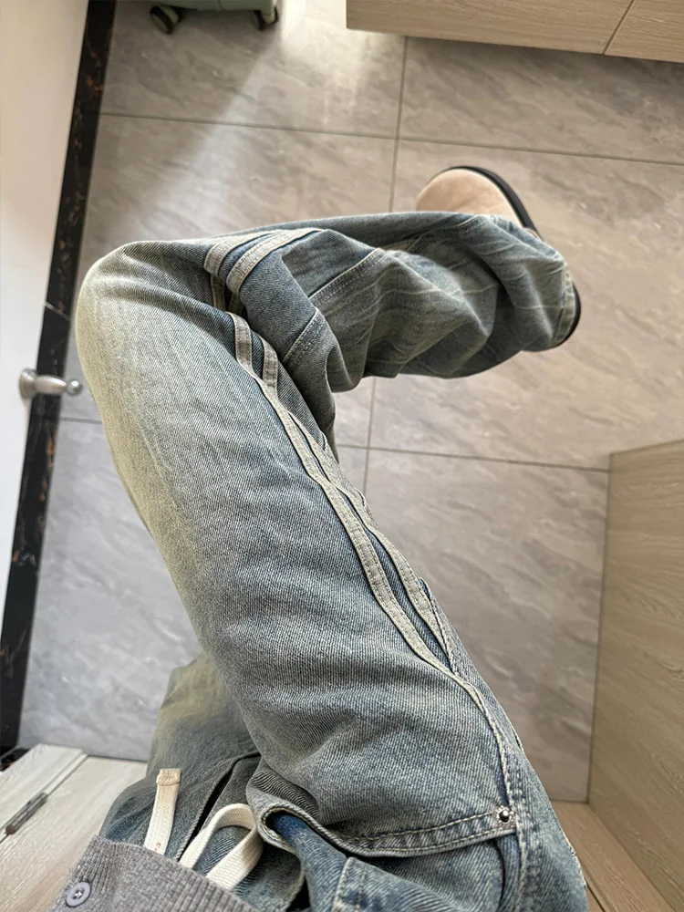 Jeans con giunture a righe americane High Street da donna Primavera Autunno Design Pantaloni larghi a gamba dritta retrò allentati alla moda