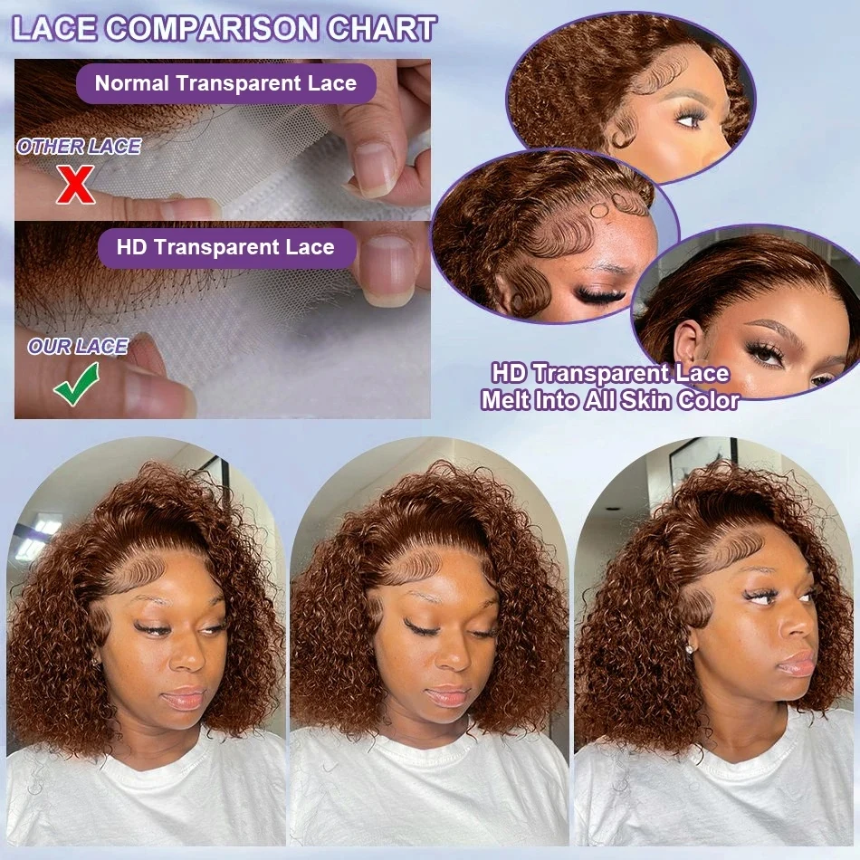 Chocolate Brown Short Curly Deep Wave Cut Bob 13x4 Lace Frontal Wigs Transparent 4x4 Lace Front Wig #4 Colored 100% Human Hair - view 6