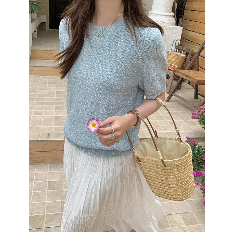 

Spring Colorful Dotted Short Sleeve Knit Sweater Women Loose Round Neck Korean Knitwear Tops
