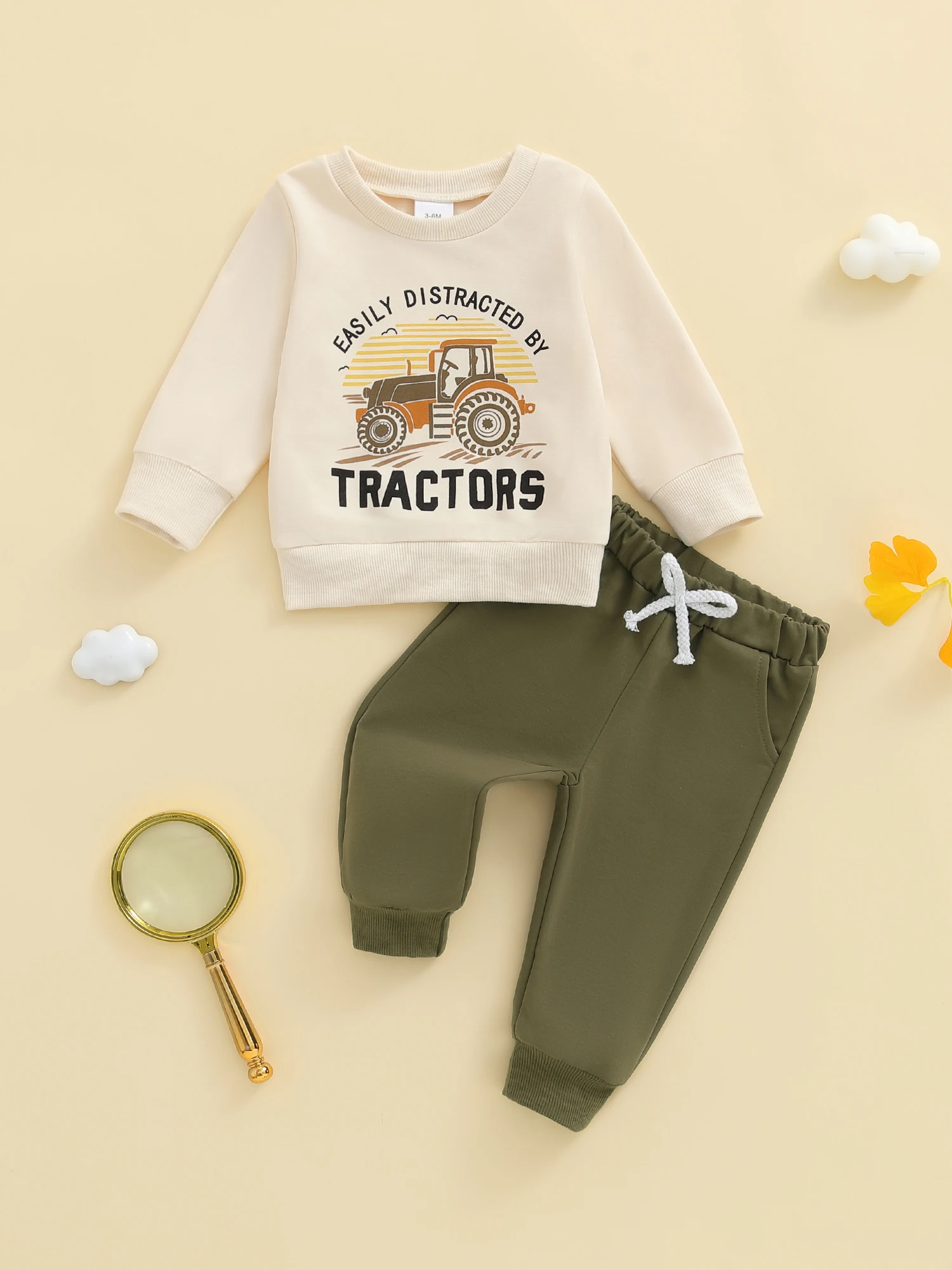 

Adorable Baby Boy 2 Piece Set with Stylish Dinosaur Print Long Sleeve Crew Neck Top and Comfy Elastic Waist Pants