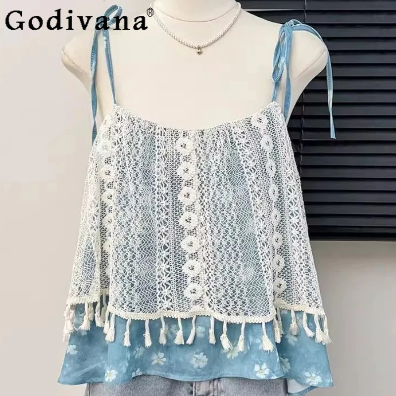 

Large Size Elegant Sweet Lace Hollow Tassels Floral Suspender Vest Women's Summer New Lace-up Loose Age-reducing Versatile Top