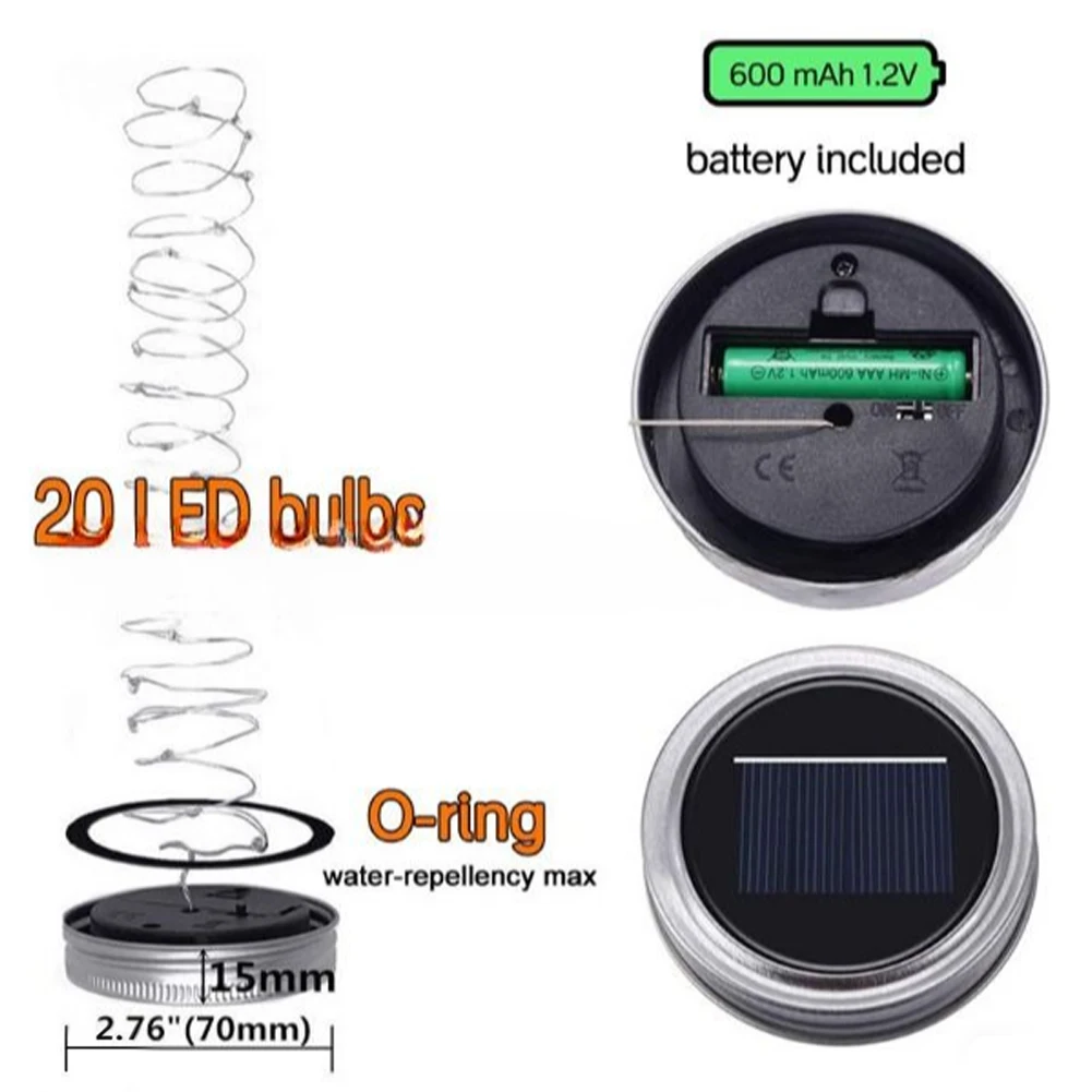 2 szt. 20 lamp solarnych Mason Garden Solar Lamp 2m Garden Light Glass Jar LED String Lights For Wall Table Fences Path Decor