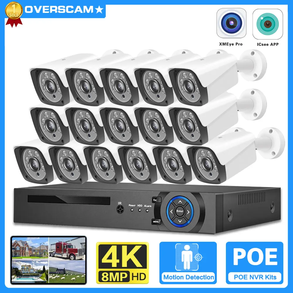 

H.265 16CH 4K POE NVR Kit Outdoor 8MP CCTV Security Camera System Human Detection POE IP Bullet Camera Video Surveillance Set