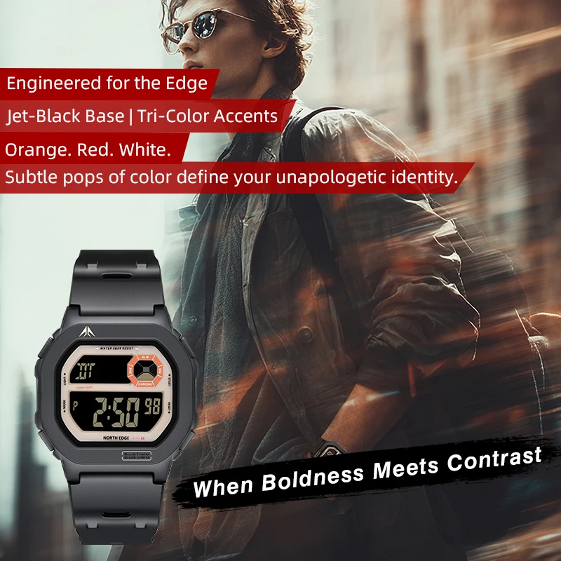 NORTH EDGE X1 Digital Watch for Men Sports Watches Simple Square Watches Waterproof 50M Stopwatch Countdown Alarm Luminous