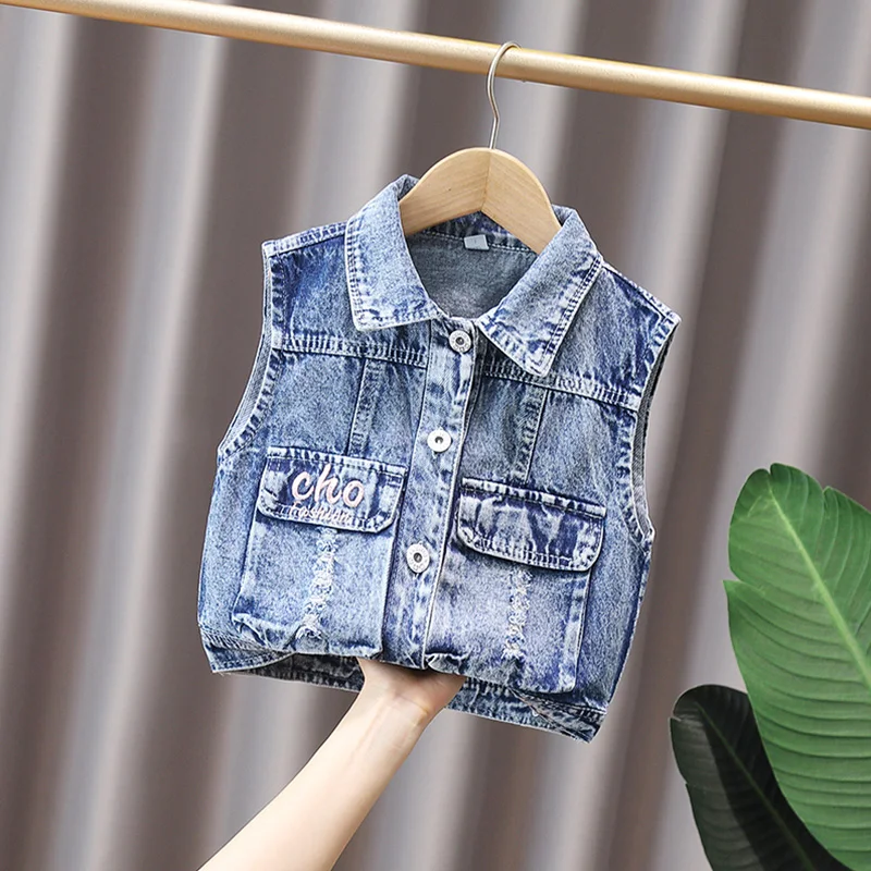 2024 Summer Boys Fashion Print Cat Letter Button Lapel Pocket Denim Vest Coat Children\'s Clothing 1-8y