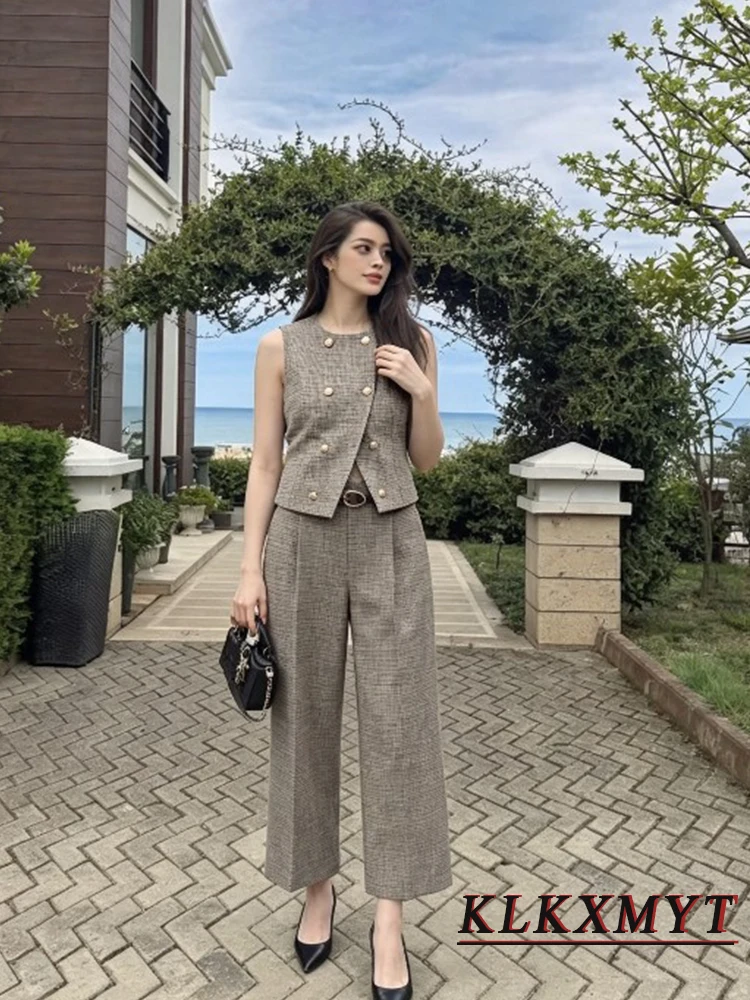 Women Fashion Plaid Sets Sexy O-Neck Double-Breasted Sleeveless Vest+With Belt Wide-Leg Pants Summer Autumn Office New 2 Pieces - view 3